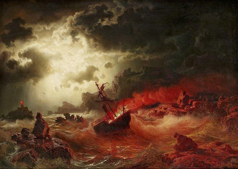 marcus larson Nattlig marin med brinnande fartyg Spain oil painting art